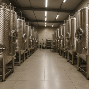 Stainless steel wine fermenter tanks in a modern winery