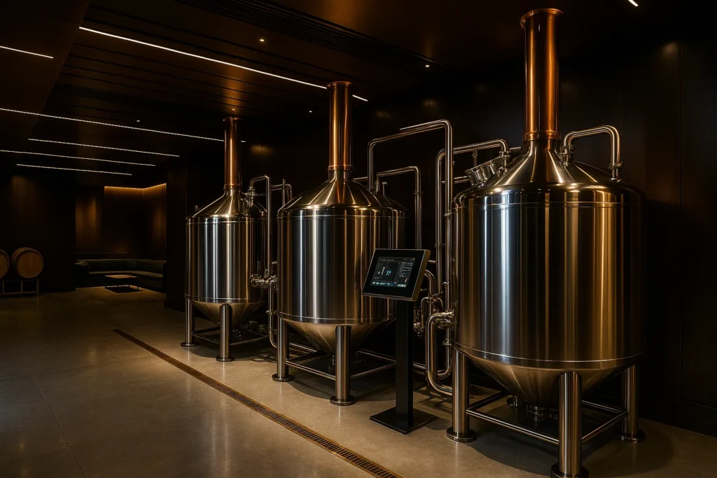 microbrewery brewhouse with stainless steel kettles