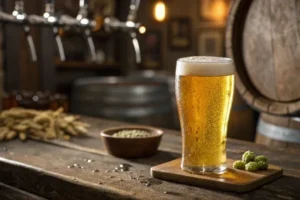 a cold freshly poured glass of golden beer